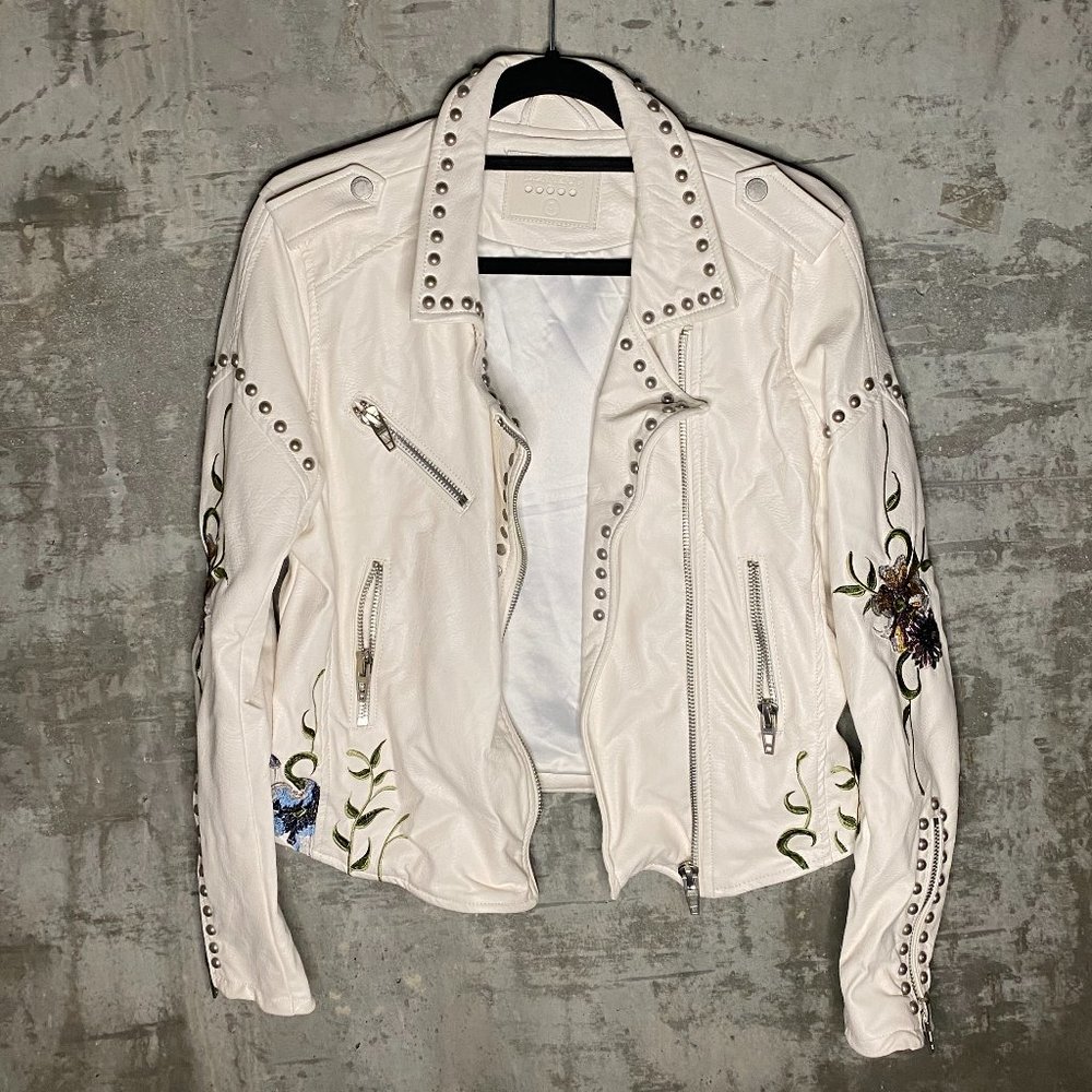 Blank NYC White Leather Floral Studded Jacket